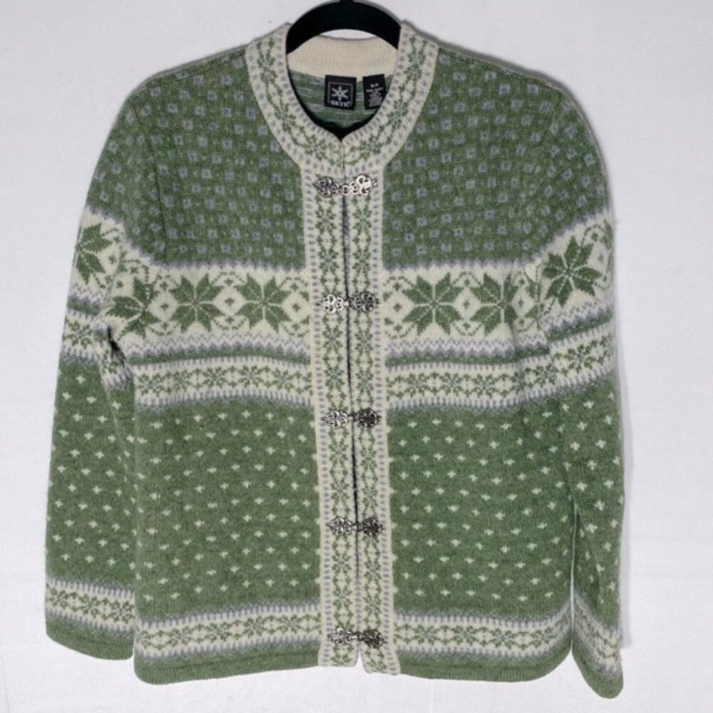 SOLD-Skyr Green Cream Nordic Jacquard Knit Wool Cardigan Sweater S
